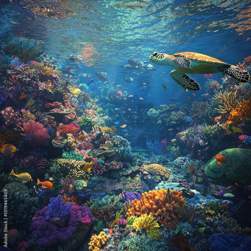 Fototapeta premium Underwater Paradise: A vibrant coral reef teems with life, showcasing the diverse beauty of the ocean. A graceful sea turtle glides through the crystal-clear water.