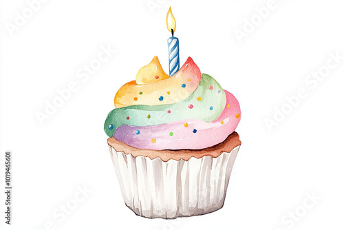 Delightful watercolor illustration of cupcake with rainbow frosting and candle, perfect for celebrations and sweet moments