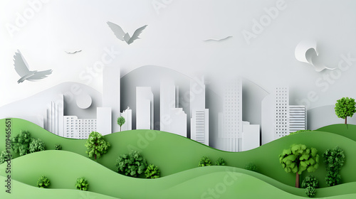 The person who knows. Tree, Achieve sustainable growth, World Environment Day. White eco urban city and nature landscape background paper art style. photo