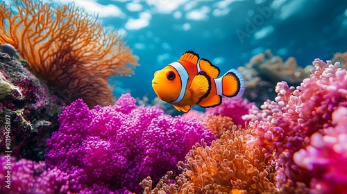 A Vibrant Clownfish Swims Amidst Colorful Coral Reefs