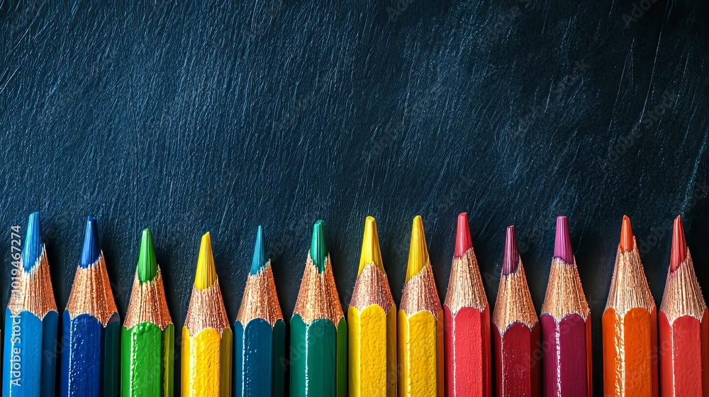 A Row of Colored Pencils Against a Dark Blue Background A Row of Colored Pencils Against a Dark Blue Background