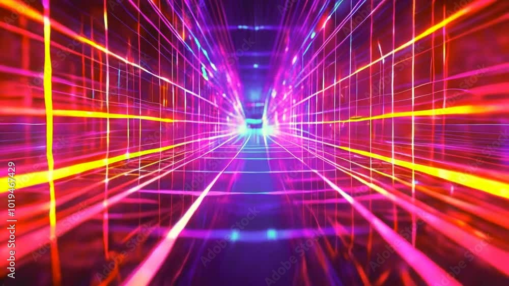 A vibrant, futuristic corridor with neon lights and grid patterns creating a digital atmosphere. A vibrant, futuristic corridor with neon lights and grid patterns creating a digital atmosphere.