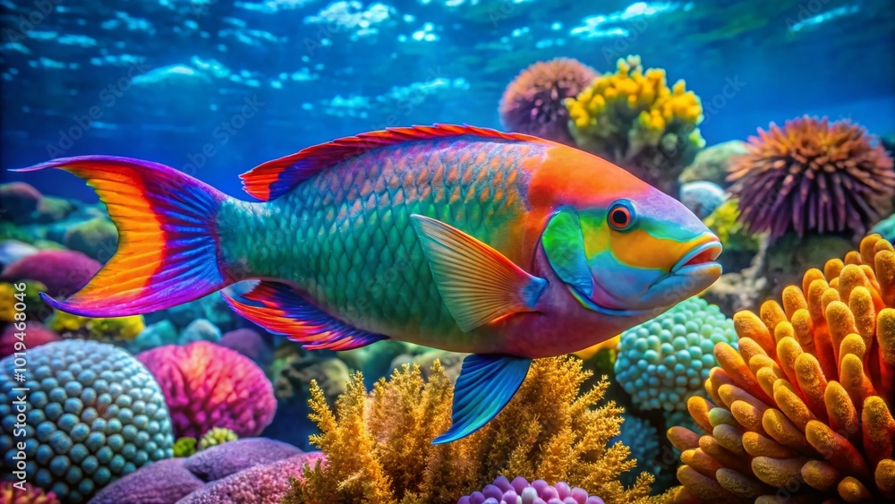 Vibrant and Colorful Parrot Fish Swimming in Crystal Clear Tropical Waters of a Coral Reef Vibrant and Colorful Parrot Fish Swimming in Crystal Clear Tropical Waters of a Coral Reef