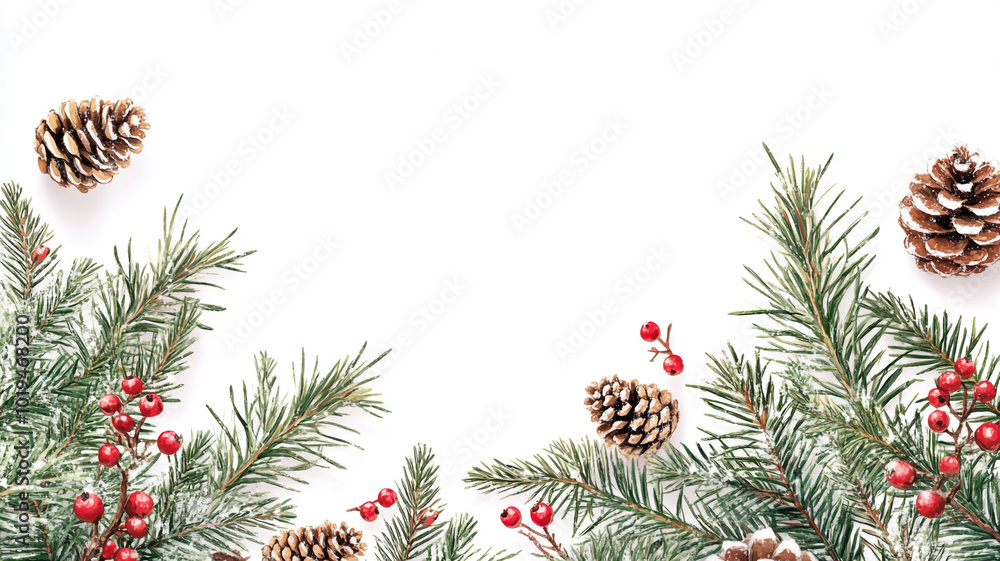 Festive Christmas Day arrangement with pine branches, berries, and cones on a white background Festive Christmas Day arrangement with pine branches, berries, and cones on a white background