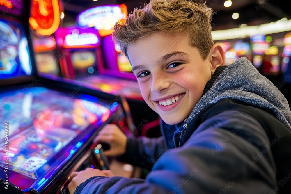 Realistic depiction of kids in the 1980s playing arcade games at a local mall, with neon lights and retro games highlighting the entertainment aspects of yesterday’s lifestyle Realistic depiction of kids in the 1980s playing arcade games at a local mall, with neon lights and retro games highlighting the entertainment aspects of yesterday’s lifestyle