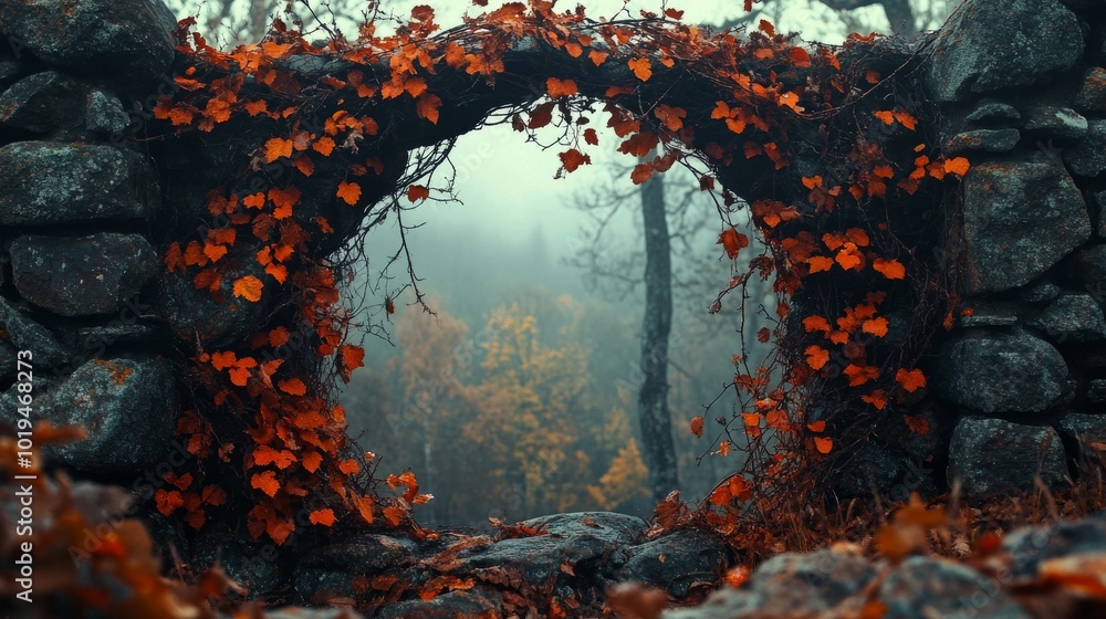 Stone Archway with Autumn Leaves and a Foggy Forest View Stone Archway with Autumn Leaves and a Foggy Forest View