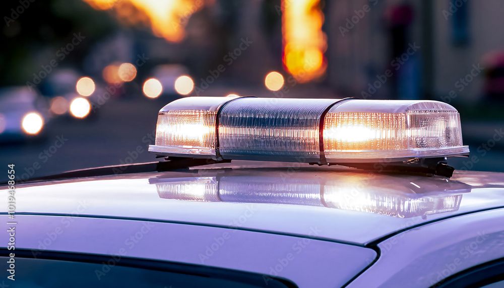 Police flashing strobe light signalling light flashing on the roof of a car on a city street Police flashing strobe light signalling light flashing on the roof of a car on a city street