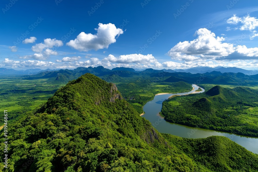 Realistic depiction of the stunning Golden Triangle region where Thailand, Laos, and Myanmar meet, with lush green mountains and the Mekong River cutting through the landscape Realistic depiction of the stunning Golden Triangle region where Thailand, Laos, and Myanmar meet, with lush green mountains and the Mekong River cutting through the landscape