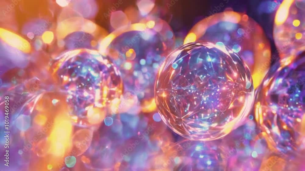 A close-up of translucent bubbles reflecting colorful lights. A close-up of translucent bubbles reflecting colorful lights.
