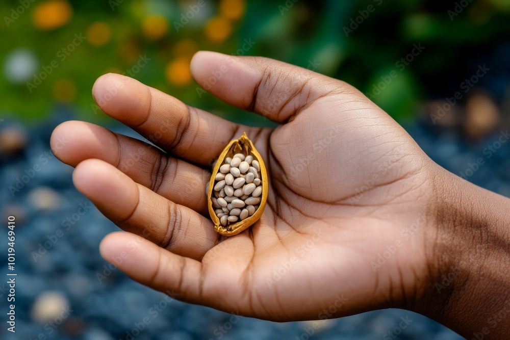 Realistic image of a hand holding a single seed, representing the potential for all life and growth to stem from one source, as in monism Realistic image of a hand holding a single seed, representing the potential for all life and growth to stem from one source, as in monism