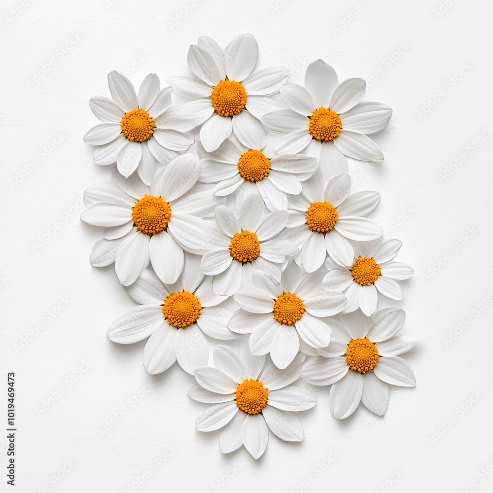 Obraz premium Artistic Arrangement of Daisies Creating Symmetrical Floral Pattern on White