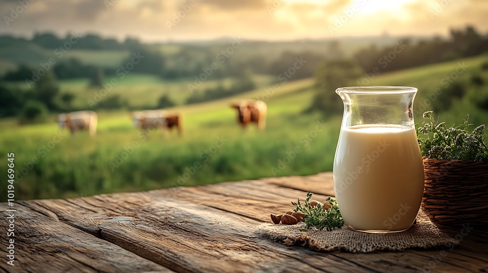 Farm image on table with natural milk background. Organic cow's milk. Cows grazing in meadow and mountain farm landscape Farm image on table with natural milk background. Organic cow's milk. Cows grazing in meadow and mountain farm landscape