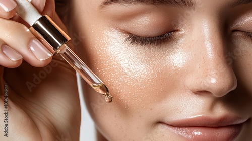 Wallpaper Mural A woman gently applying face serum, hands holding the dropper. for skincare advertising. Torontodigital.ca