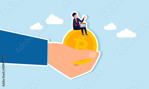 A businessman sits on a bitcoin held by a hand, illustrating the hiring of employees to analyze bitcoin valuation trends.