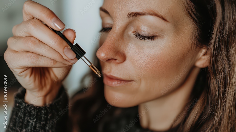 A woman gently applying face serum, hands holding the dropper. for skincare advertising. A woman gently applying face serum, hands holding the dropper. for skincare advertising.
