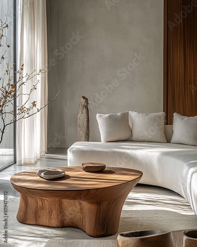 A modern living room with a wooden coffee table and a white sofa.