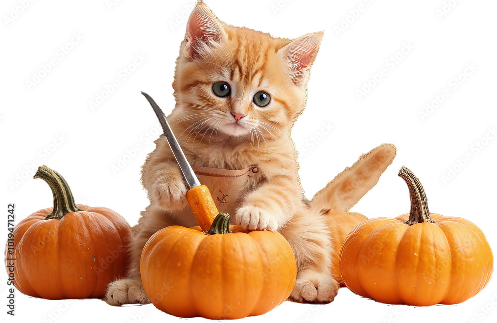 Cute cat carve pumpkins for halloween decorations on transparent background Cute cat carve pumpkins for halloween decorations on transparent background