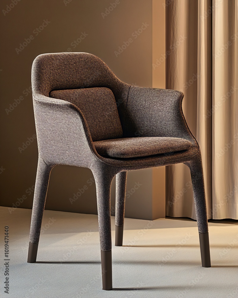 Obraz premium A modern upholstered armchair with a brown fabric seat and back, with wooden legs, stands against a brown wall with a brown curtain.