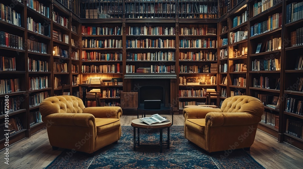 Two Armchairs in a Library with Bookshelves Filled with Books Two Armchairs in a Library with Bookshelves Filled with Books