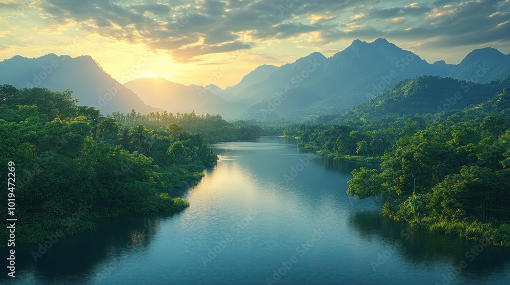 Serene landscape with mountains, river, and lush greenery at sunset. Serene landscape with mountains, river, and lush greenery at sunset.