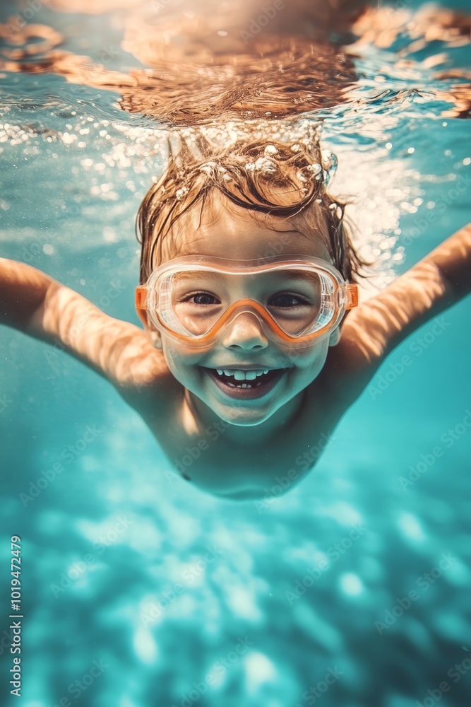 Fototapeta premium Joyful child enjoying a swim in the pool wearing colorful goggles and having fun