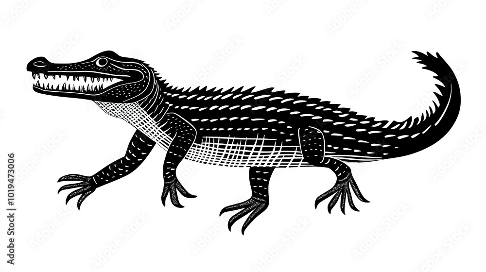 Fototapeta premium Minimalistic Black and White Illustration of a Crocodile or Alligator, Stylized Design with Elongated Body, Curved Tail, Sharp Teeth, and Textured Skin, Bold Line Art