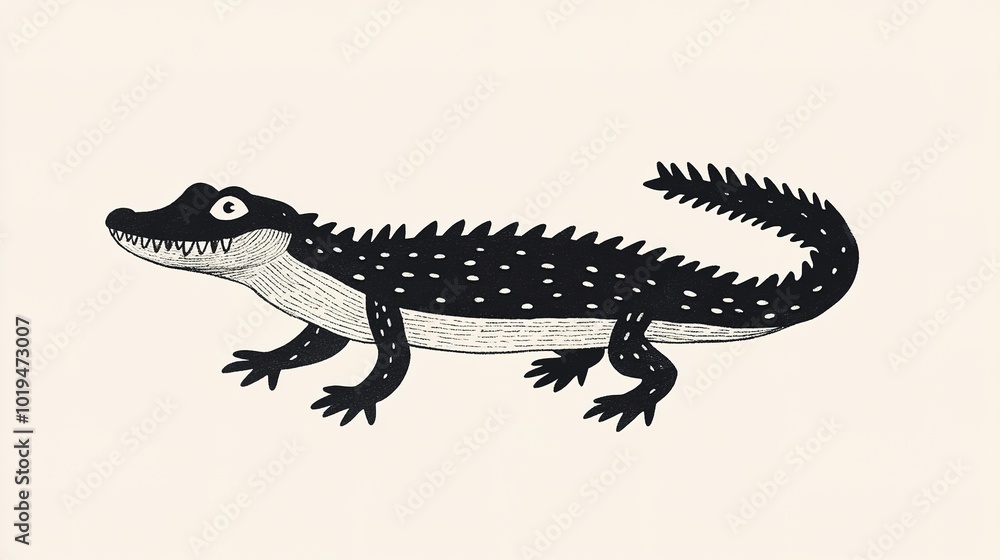 Minimalistic Black and White Illustration of a Crocodile or Alligator, Stylized Design with Elongated Body, Curved Tail, Sharp Teeth, and Textured Skin, Bold Line Art Minimalistic Black and White Illustration of a Crocodile or Alligator, Stylized Design with Elongated Body, Curved Tail, Sharp Teeth, and Textured Skin, Bold Line Art