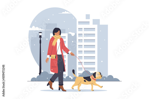 Woman walking dog in winter concept illustration. Illustration for website, landing page, mobile app, poster and banner. Trendy flat vector illustration