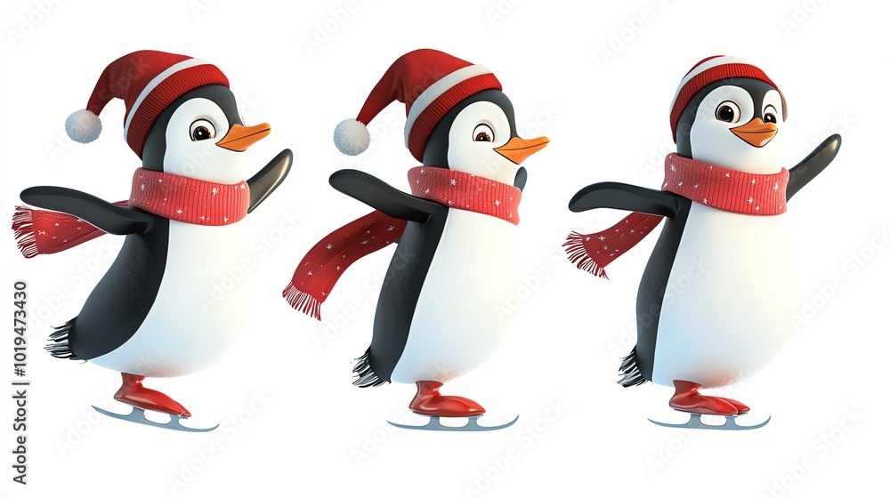 Fototapeta premium Three cheerful penguins in winter attire, skating on ice, white isolated background.