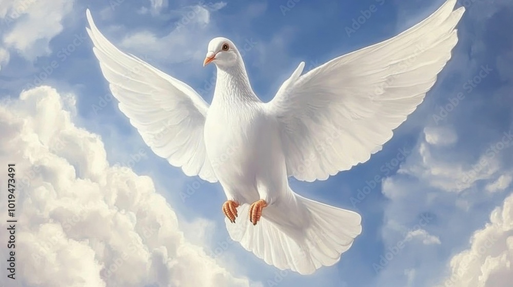 Fototapeta premium A white dove in mid-flight against a bright blue sky with fluffy clouds, symbolizing peace and freedom in a serene setting..