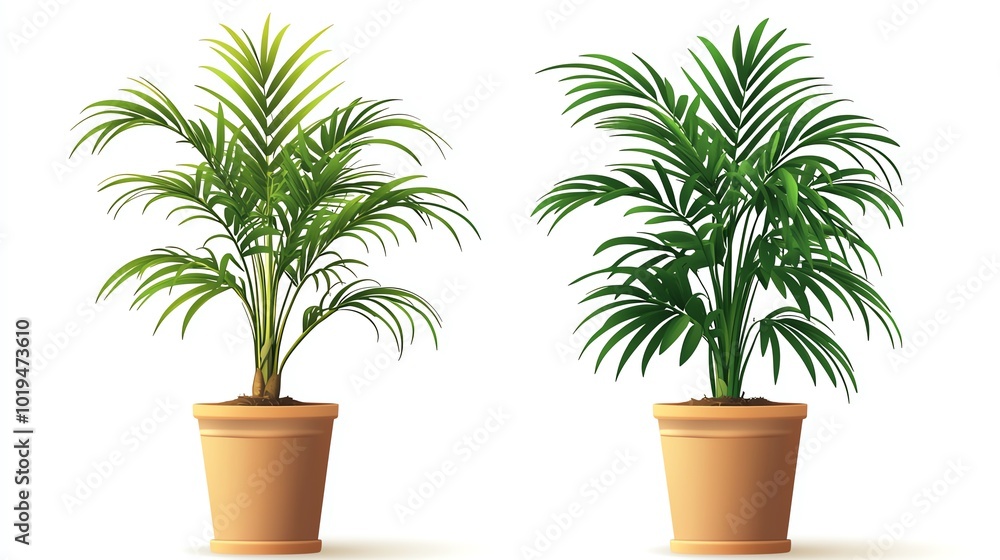 Fototapeta premium Two lush green plants in terracotta pots on a white isolated background.