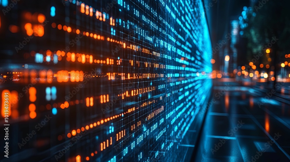 Obraz premium Digital Code Display with Blurry Cityscape Background