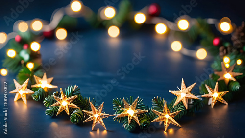 holiday illumination and decoration concept - christmas garland bokeh lights over dark blue background