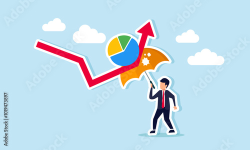 A businessman seeks shelter under an umbrella from red arrows representing a pie chart, illustrating business strategies to address declining market share.