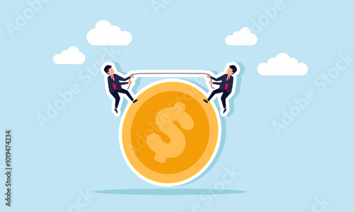 Two businessmen are tugging on a rope above a pile of dollar coins, illustrating differing opinions on managing wealth assets.