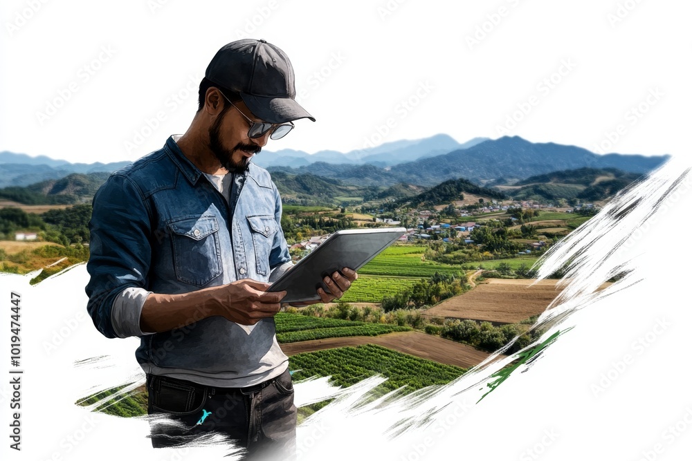 Watercolor depiction of a farmer using a tablet to monitor crop growth in a rural landscape, with delicate brushstrokes representing the simplicity and modernity of rural innovation Watercolor depiction of a farmer using a tablet to monitor crop growth in a rural landscape, with delicate brushstrokes representing the simplicity and modernity of rural innovation