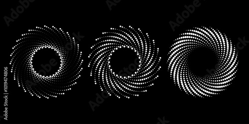 Set of white dotted vortex shapes. Geometric art. Halftone dots. Trendy design element for logo, tattoo, sign, symbol, web, prints, posters, social media, template, pattern and abstract background