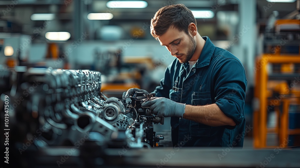 A Mechanic Works on a Large Industrial Engine in a Factory A Mechanic Works on a Large Industrial Engine in a Factory