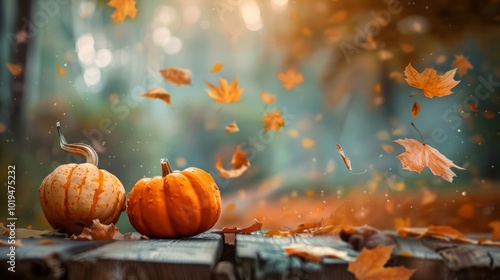 Thanksgiving pumpkins and falling leaves on rustic wooden plank in autumn garden photo