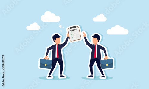 A businessman hands over a to-do list to another, illustrating the transition of tasks to a new employee or company leader.