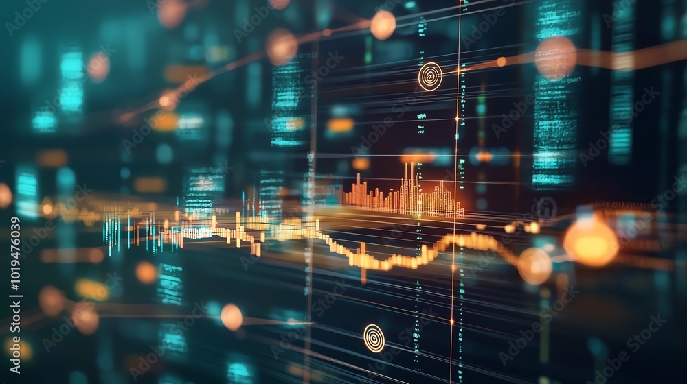 Fototapeta premium Abstract data visualization with glowing graphs on digital background.