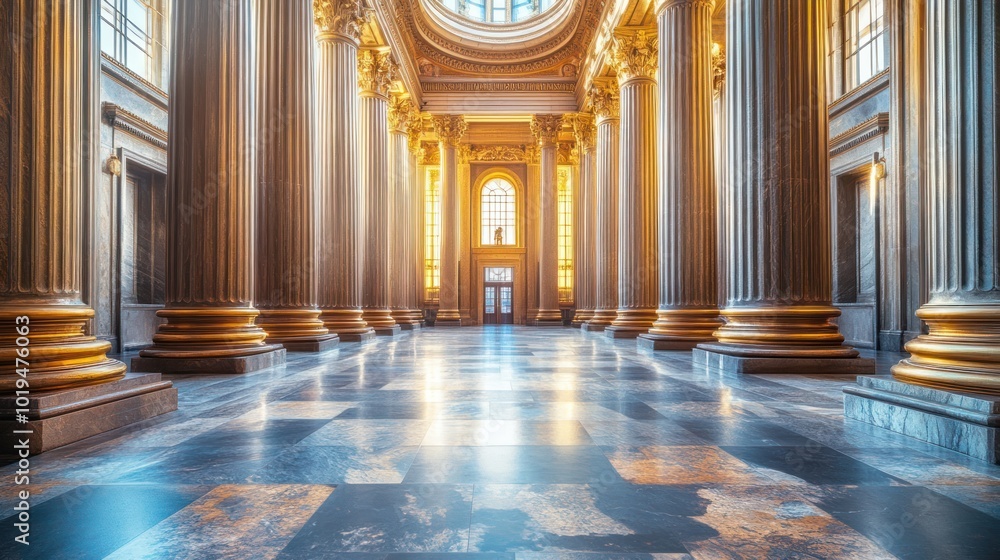 Obraz premium Grand interior of a classical building with tall columns and light.