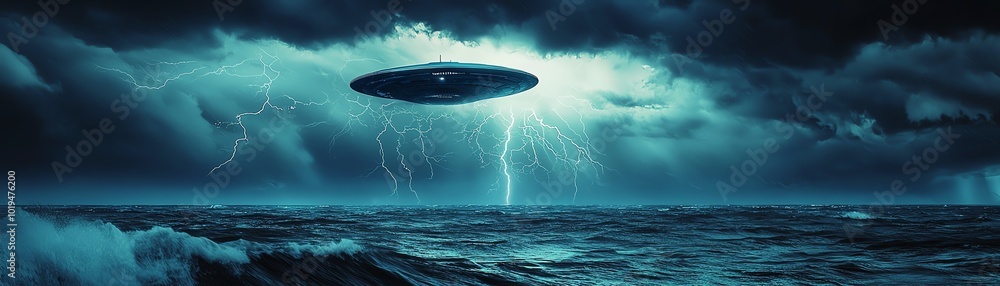 Mysterious UFO hovering over ocean during a thunderstorm with dramatic ...