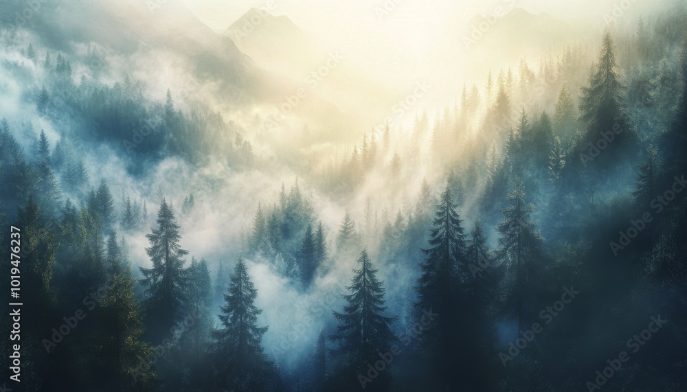 Fototapeta premium Misty mountain forest with sunrise illuminating the clouds.