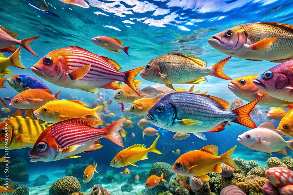 Naklejka premium Vibrant Brims Fish Swimming Gracefully in Clear Blue Water of a Tropical Marine Environment