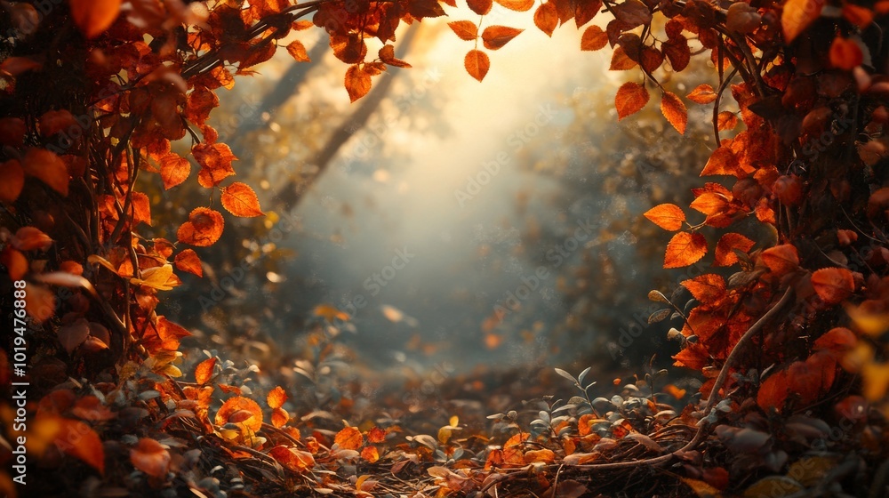 Autumnal Forest Pathway Framed by Orange Leaves Autumnal Forest Pathway Framed by Orange Leaves