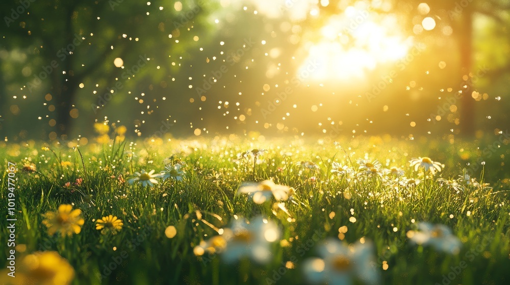 Fototapeta premium Sunlit Meadow with Daisies and Golden Bokeh