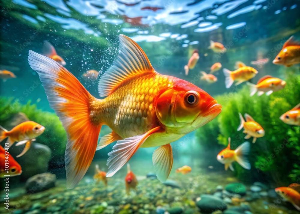 Vibrant Carp Goldfish Swimming Gracefully in Clear Water of a Tranquil Aquarium Environment Vibrant Carp Goldfish Swimming Gracefully in Clear Water of a Tranquil Aquarium Environment