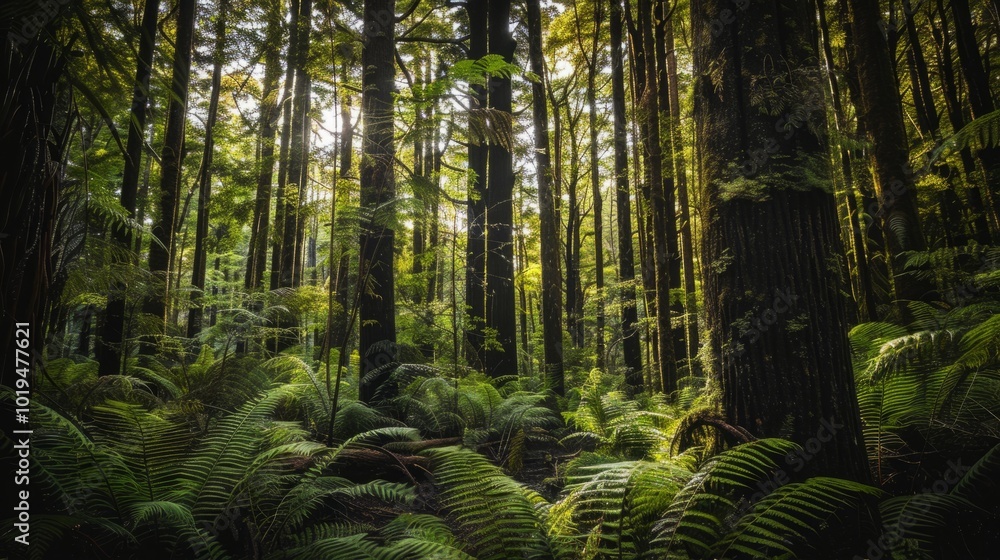 Obraz premium The redwoods forest, rotorua, north island, New Zealand. Tall trees. Forest image. Natural landscape image of jungle