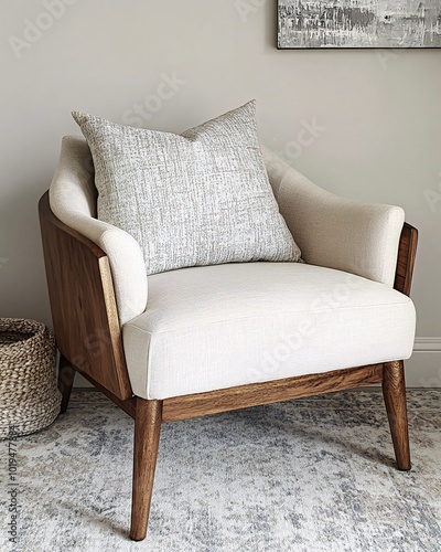 A white armchair with a wooden frame and a patterned cushion sits on a patterned rug.